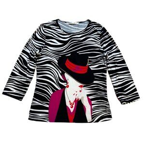 Y2K Peter Nygard Slinky Blouse Zebra Print Long‎ Sleeve Top Lady Design S/M